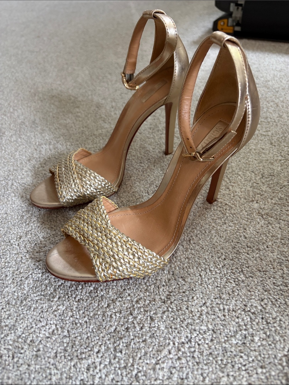 SCHUTZ Metallic Gold Braided Ankle-Strap Heels